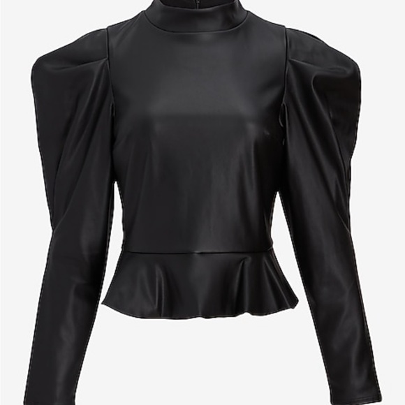 Express Tops - Express Black Faux Leather Puff Sleeve Peplum Top XL